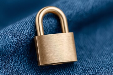 Fototapeta premium Golden padlock on blue textile surface, Metal padlock macro on cloth texture, Security concept with privacy metaphor background