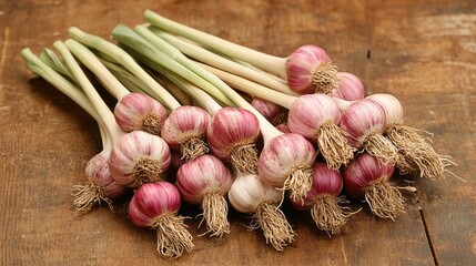fresh garlic bulbs with their stems and roots still attached, placed on a rustic wooden surface