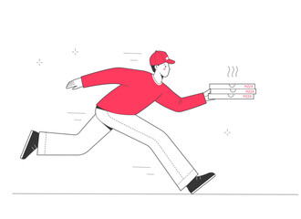 Pizza delivery. Male courier delivers hot pizza. Fast pizza delivery by courier. 
