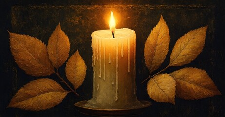 Burning candle warmth. Golden autumn leaves softly frame light against dark.