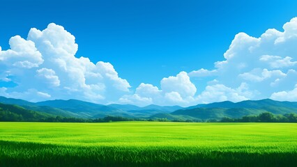 Lush green fields under blue skies scenic landscape nature photography peaceful environment wide angle view serenity concept
