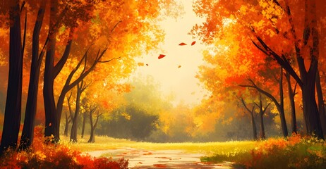 Golden autumn forest path, painted scene with falling leaves and artistic atmosphere.
