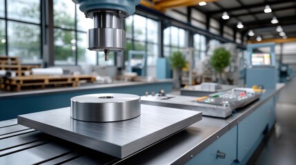 A large, industrial metalworking machine precisely positions a cylindrical metal workpiece on a flat steel surface within a spacious, modern factory setting. 