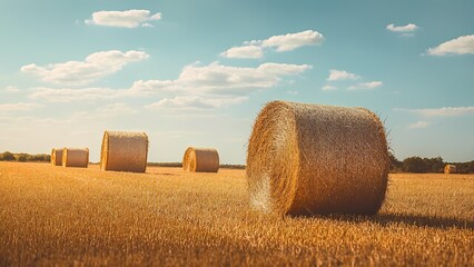 Bale harvesting event in golden field nature scene rural landscape bright sky peaceful ambiance