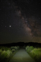 Milky Way over Mono Lake boardwalk under starry night sky, June 20, 2020