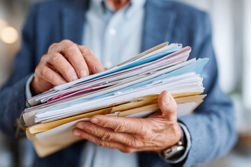 lawyer holding stack of climate litigation files, close-up hands and documents