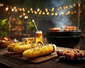 A barbecue scene with grilled corn, skewers, and a beer can on a wooden table at an outdoor setting