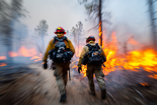 firefighters battling forest blaze, smoke and flames surrounding them, motion blur, - Powered by Adobe