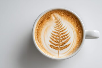 Beautiful Coffee Cup with Artistic Fern Latte Art on Creamy Foam Surface