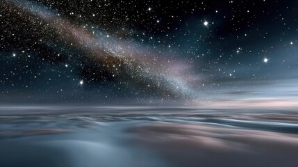 A breathtaking panoramic view of a celestial landscape, featuring a swirling Milky Way galaxy arching over a serene, ethereal cloudscape.