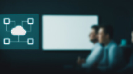 Cloud Meeting: The modern meeting room setting with the cloud diagram and two blur person, capturing the essence of technological advancement and seamless collaboration.