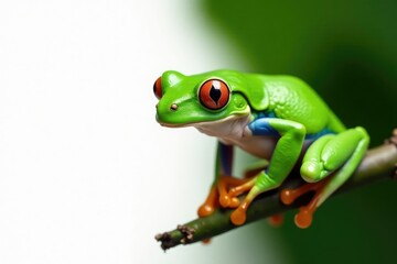 Obraz premium Green tree frog perched on white, vibrant skin, legs, photography, isolated