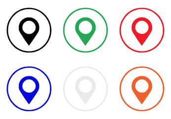 A grid of six pin icons in various colors: black, green, red, blue, white, and orange, each within a circular outline.
