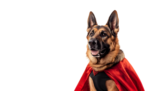 German Shepherd Dog Dressed as a Superhero Wearing a Red Cape