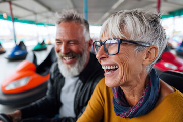 playful senior couple having fun together driving bumper car