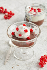 Chocolate cream made from beans with whipped cream and currants in a glass