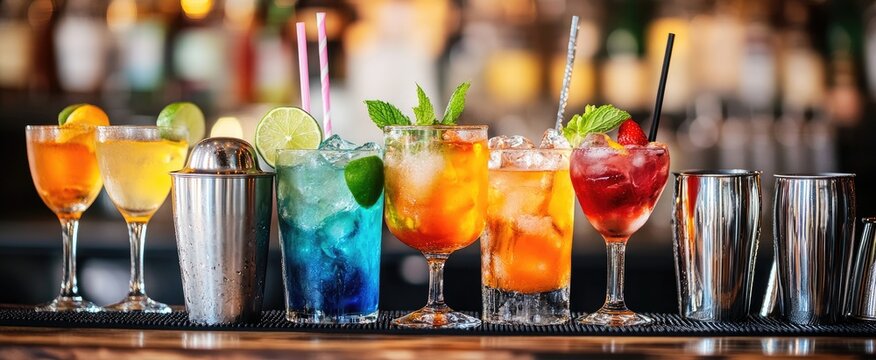 Colorful cocktails lined up on a bar (1)
