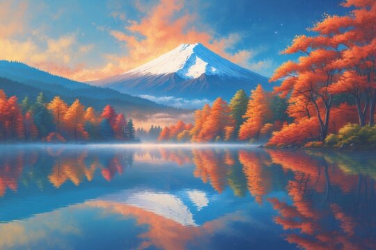 The calm lake mirrors a majestic mountain under a colorful sunset sky.

 - Powered by Adobe