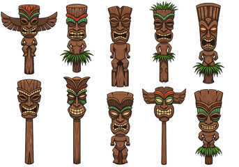 A Collection of Carved Tiki Totems Polynesian Art in Wood isolated on transparent baackground