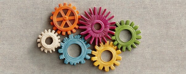 A collection of colorful decorative gears arranged on a textured neutral background in a close up shot
