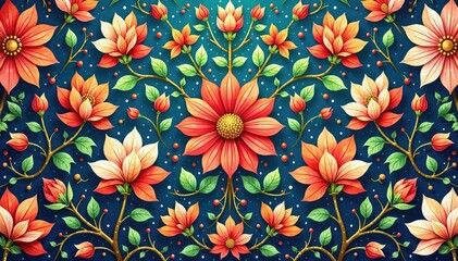 Intricate floral damask, repeating vine & blossom motif, illustration, elegant, scroll