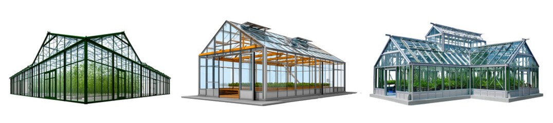 Set of a glass greenhouse structure, isolated on a transparent background.