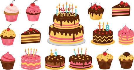 Whimsical Birthday Cake and Cupcake Illustrations with Candles, Cherries, and Colorful Frosting for Festive Celebrations flat vector illustration