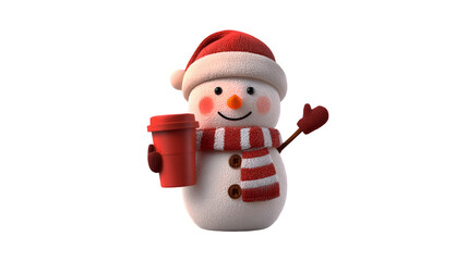 Festive Snowman Holding a Red Cup Winter Holiday Cheer