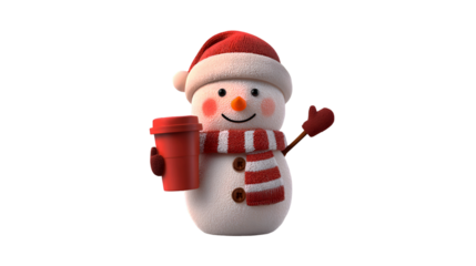 Festive Snowman Holding a Red Cup Winter Holiday Cheer