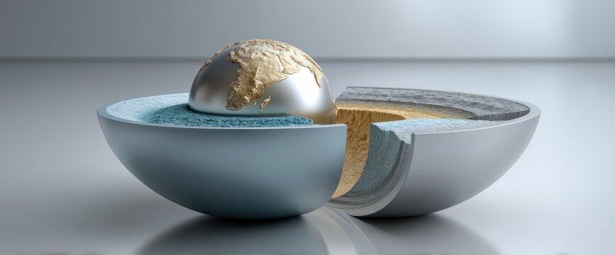 A cutaway model of Earth reveals its layered interior a metallic core, a mantle, and a crust, with a miniature globe resting on the surface, illustrating the planet's structure and composition