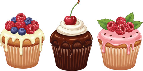 Whimsical Cupcake Illustrations with Fresh Berries, Chocolate Drizzle, and Creamy Frosting for Sweet Treats flat vector illustration