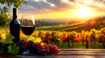 Glass of Red Wine and Grapes Overlooking Vineyard Sunset Scenery