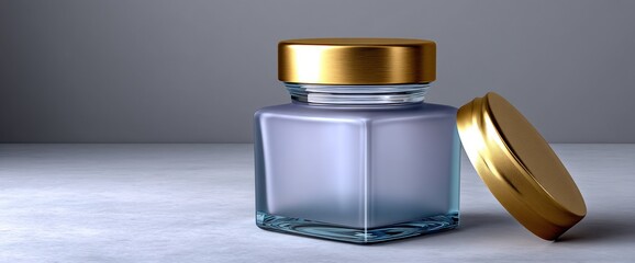 A square glass jar with a light lavender cream inside and a gold lid sits on a light gray surface, its lid slightly askew