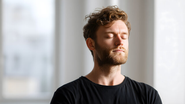 Young Man Taking Deep Breath Indoors. Mindfulness, Calm, Stress Relief, Mental Wellness, and Relaxation Concept