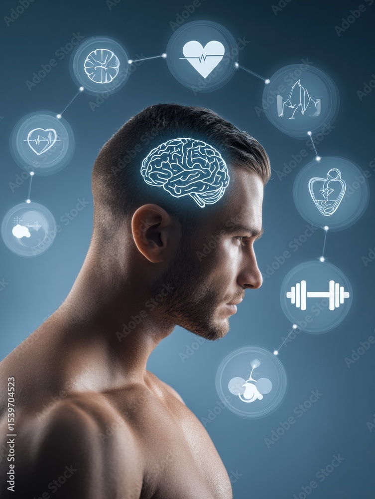 Poster side profile of a male showing floating icons representing heart, brain, and fitness in a soft-lit b