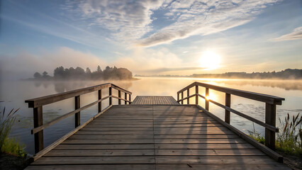 Fototapeta premium Scenic Morning Vista Wooden Dock Leading to Serene Lake with Sunburst Reflection Peaceful