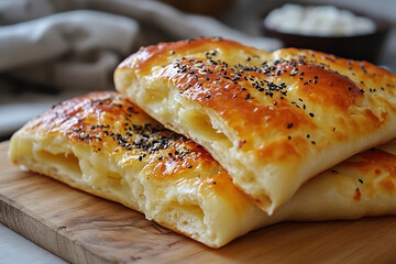 Freshly baked golden brown flatbreads with a cheese crust on a wooden tray. The photo conveys the freshness and appetizing nature of the baked goods. Generated by artificial intelligence