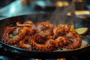 The octopus dish is cooked in a frying pan.