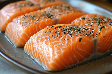 Bright salmon steaks with seasonings and salt on a plate.