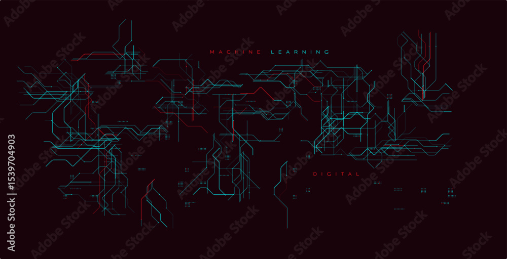 Aufkleber Machine Learning Circuit Network Background. Futuristic Neural Tech Lines With Data Flow Concept On Dark Red. Ideal For AI, Algorithms, Big Data, Digital Science Projects. Vector Illustration