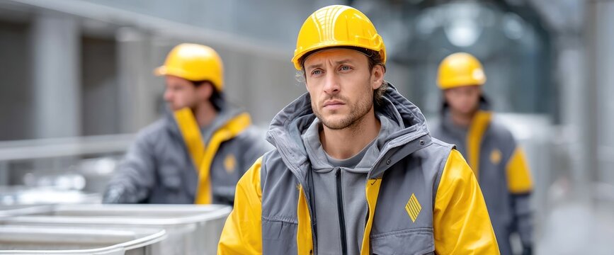 A focused worker in a yellow hard hat and gray jacket stands in a factory setting, two colleagues out of focus behind him