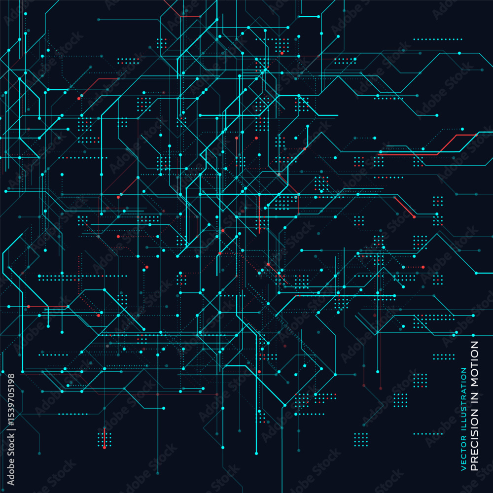 Aufkleber Futuristic Technology Grid Background. Abstract Circuit Blueprint With Dynamic Precision Lines And Microchip Nodes. Ideal For Innovation, AI, Robotics, Engineering Projects. Vector Illustration.
