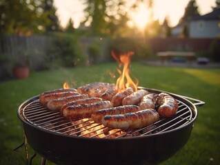 A barbecue grill with sausages cooking over flames in a backyard during a sunny evening setting