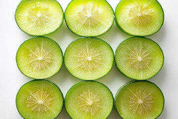 Fresh Green Lime Slices Arranged in a Perfect Grid on White Background