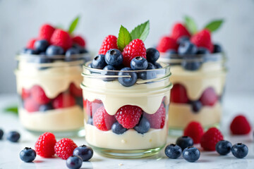 Layered blueberry and raspberry parfaits in clear mason jars with yogurt, granola, and fresh berries, styled on a rustic wooden table for a healthy breakfast or dessert presentation