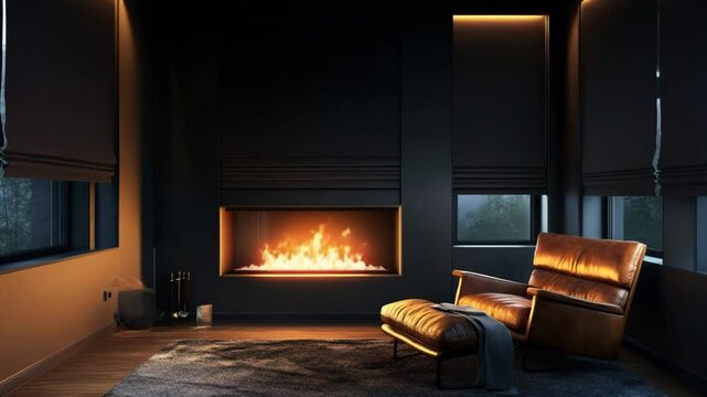 Cozy luxury den with corner fireplace leather armchair moody color palette and smart directional lighting