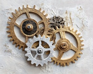A close up of several gears in gold silver and black on a textured white background in a painting style