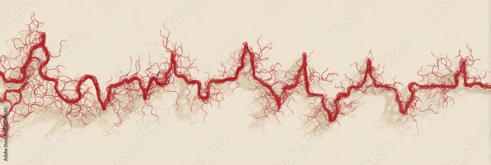 Poster Heartbeat Line Transitions Into Abstract Tangled Structure on Soft Beige Background