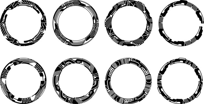Set of futuristic circular HUD interface rings in high-tech sci-fi style, perfect for digital dashboards, virtual overlays, game UI, and advanced technology-themed vector design projects.


