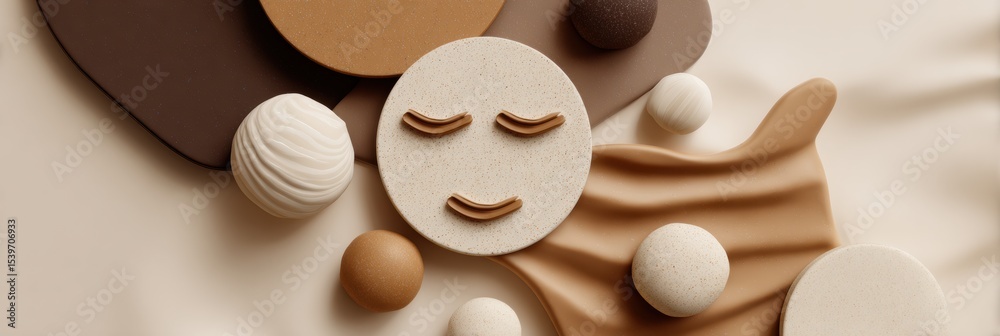 Poster Smiling Clay Face Surrounded by Abstract Shapes on Minimal Surface in a Serene Display of Creativity and Design Elements